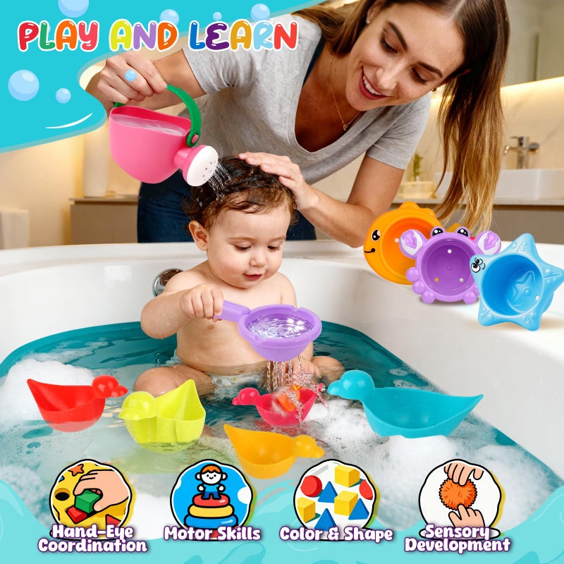 Babelshar 10 Pcs Bath Toys for Kids Ages 1-3, Bathtub & Pool Water Toys for Toddlers 1-3 & Babies 12-18 Months, Water Table Accessories with Floating Ducks, Stacking Cups & Pouring Fun for Boys Girls - Image 2